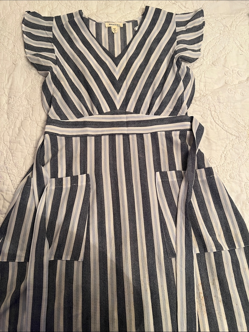 Monteau Navy and White Striped V-Neck Midi Wrap Dress